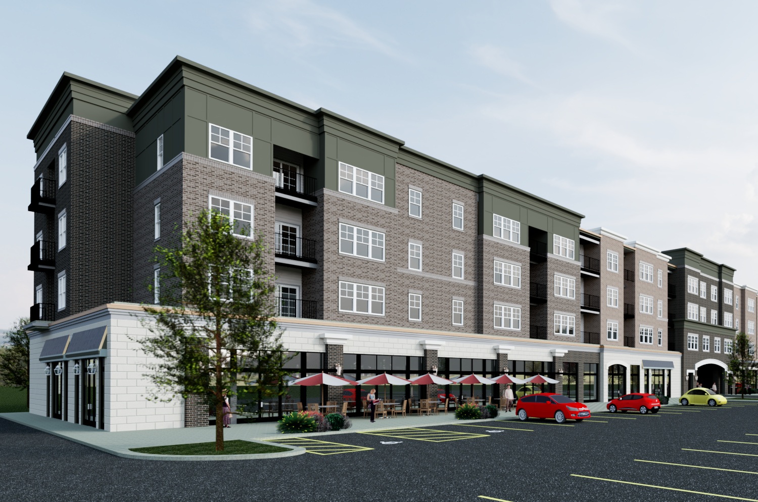 A rendering of a multi-story apartment building with a parking lot in front.